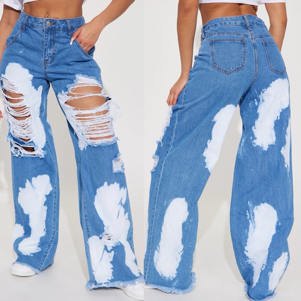 Faded Distressed/Ripped Wide Leg Jeans